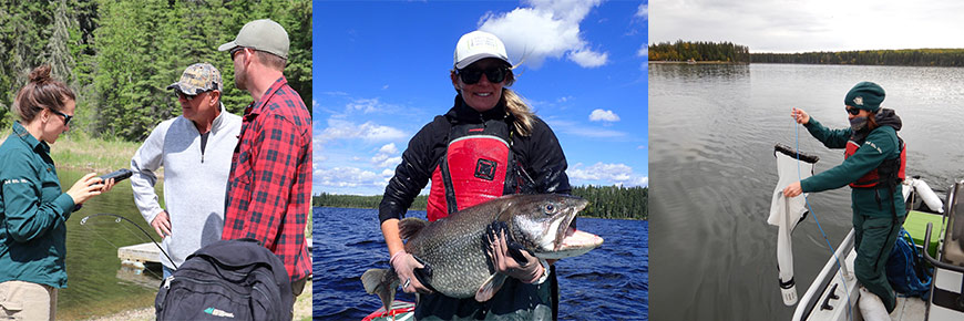 Woman in a boat holding a large lake trout.