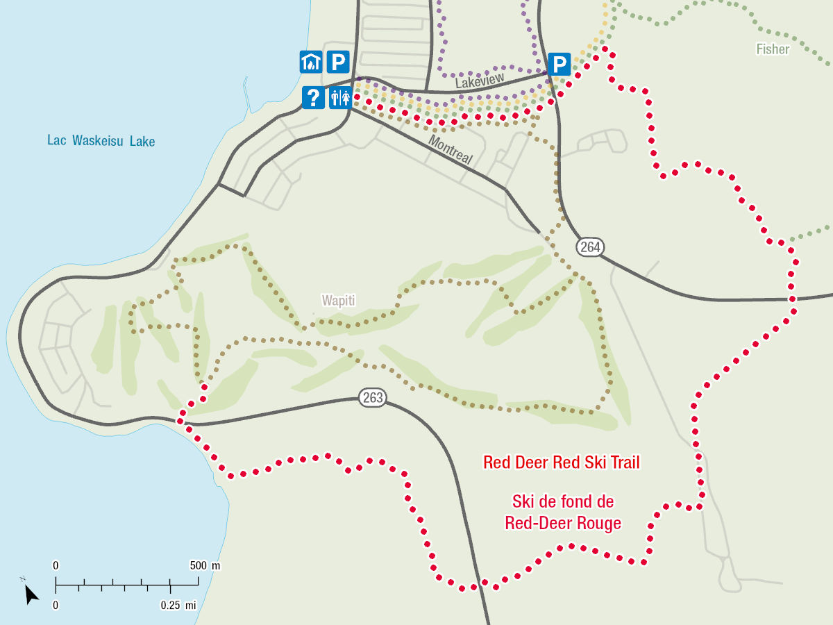 This map shows the Red Deer – Red ski trail from a bird’s eye view. The map shows the route of the ski trail in red and it’s position compared to the Wapiti and Fisher ski trails.