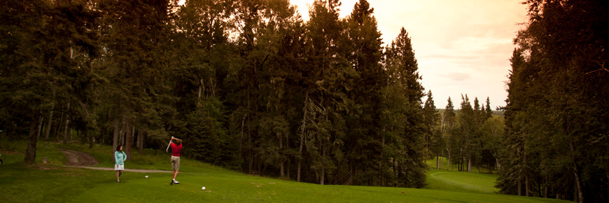 A scenic image of a young couple teeing off at a golf whole surrounded by mature spruce trees. 