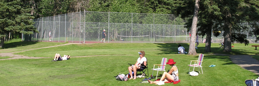 Un groupe de visiteurs se détend sur la pelouse pendant que des gens jouent au tennis en arrière-plan.