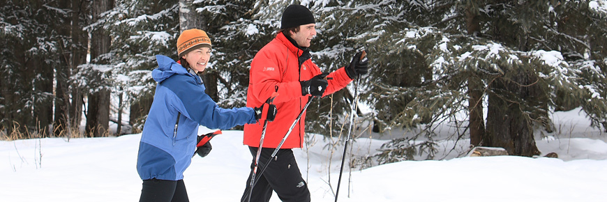 A young couple ski through a mature spruce forest. 