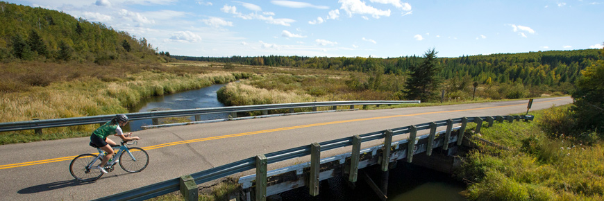 A road cyclist rides across a highway bridge over a small river. 