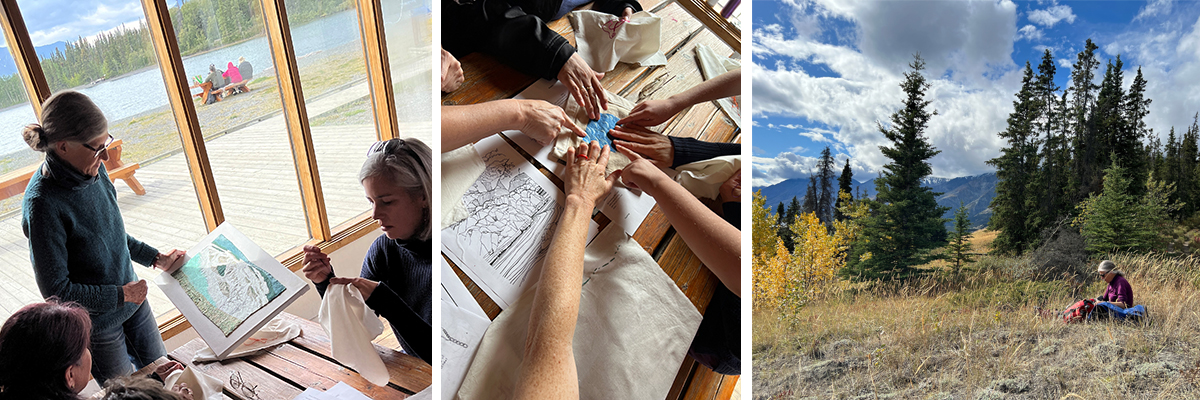 Photo one: artist demostrates in front of windows. Photo two: many hands over artwork in progress. Photo three: a woman sits in a grassy field with trees and mountains in the background.