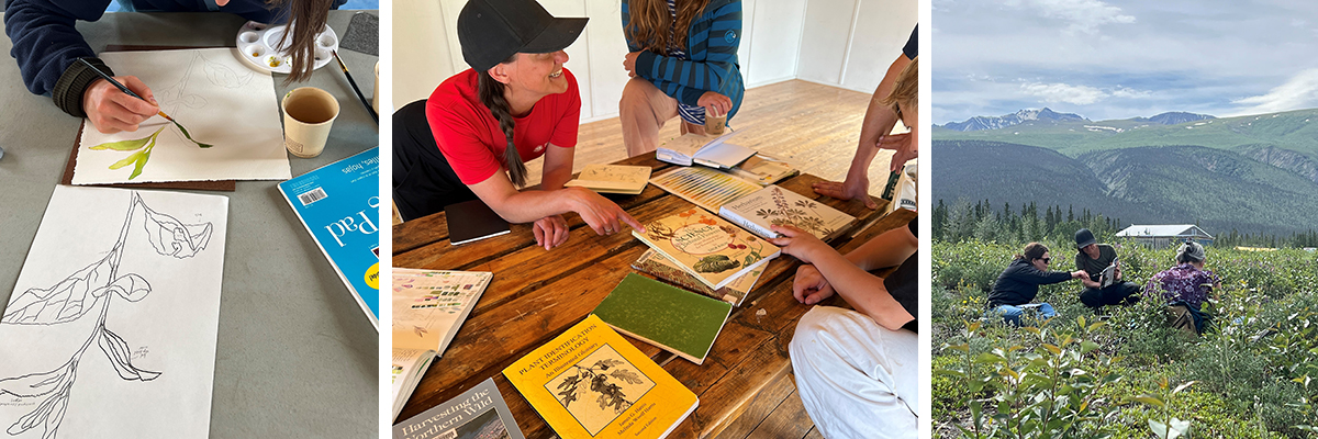 Photo one: painting in progress.  Photo two: a woman leans across a table filled with books.  Photo three: Three people sit in a grassy field with a building, mountains and cloudy sky behind them.