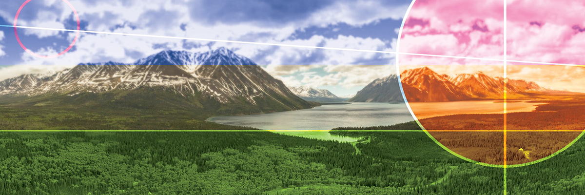Graphic shapes overlay on panoramic view of mountains and lake in Kluane National Park and Reserve