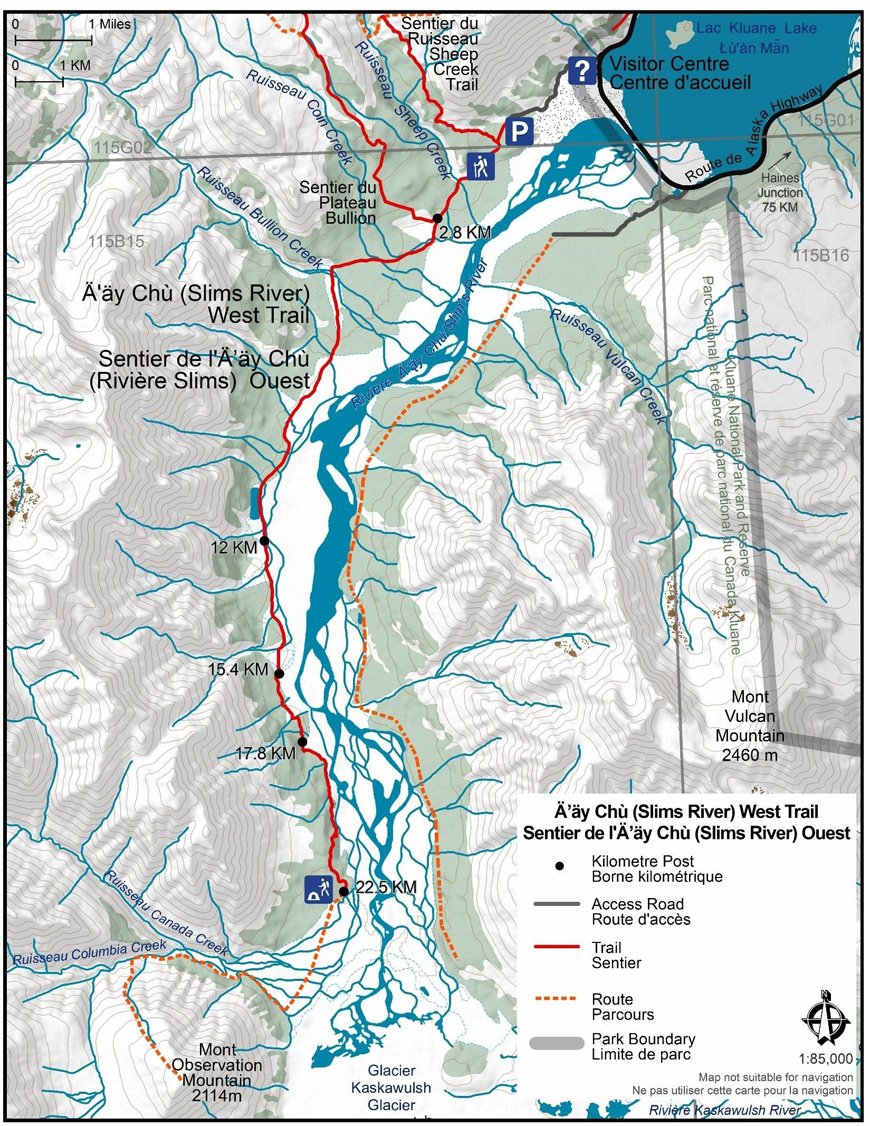 carte de Sentier Ä’äy Chù (Rivière Slim’s) Ouest et Parcours du Mont-Observation