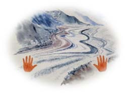 A painting of two hands outstretched upon a river.