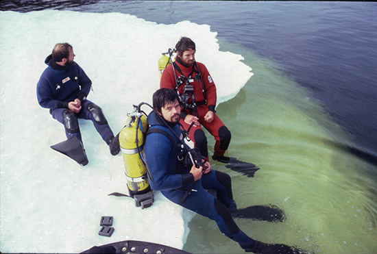 Three divers resting on an iceberg