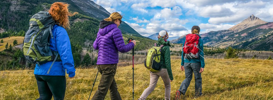 Four people hiking along a trail in a national park. They are in a line and spaced within a few meters of one another. 