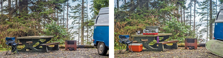 Deux campings, l'un propre, l'autre en désordre.
