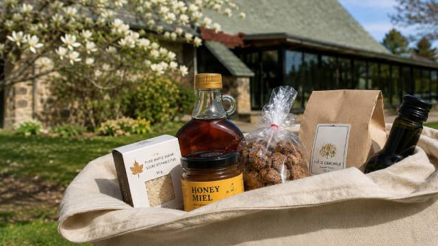 Un panier de produits artisanaux devant le centre d'accueil du site historique national Alexander Graham Bell.