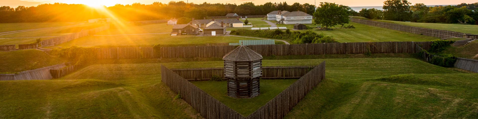 A sunset view of the fort at Fort George National Historic Site