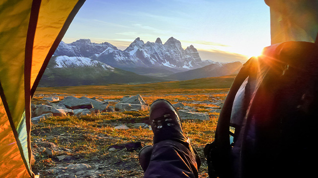 View from inside a camper’s tent on the Ramparts Mountain Range in Jasper.