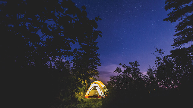 A tent illuminated from within in the forest, with a starry sky in the background at Riding Mountain.