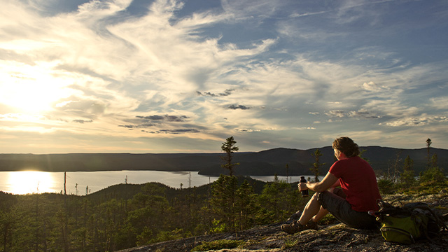 A person sits atop Mount Stamford in Terra Nova, taking in the panoramic view.