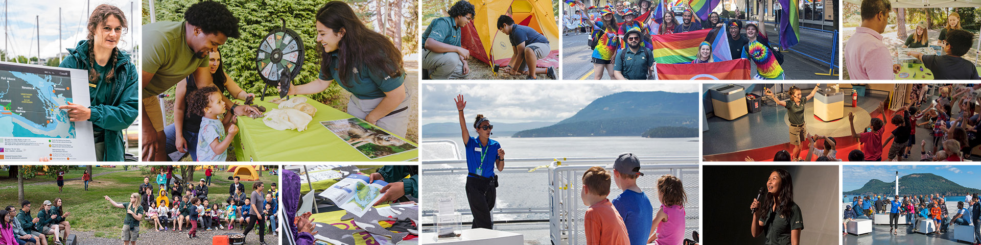 Un collage de photos de membres de l’équipe de diffusion externe de Parcs Canada Vancouver interagissant avec le public et présentant des programmes.