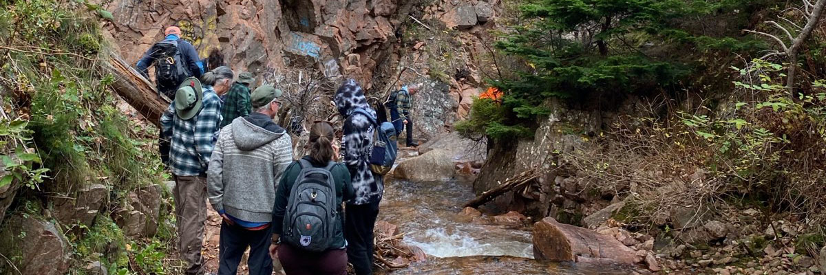 A group of people hike next to a waterfall.