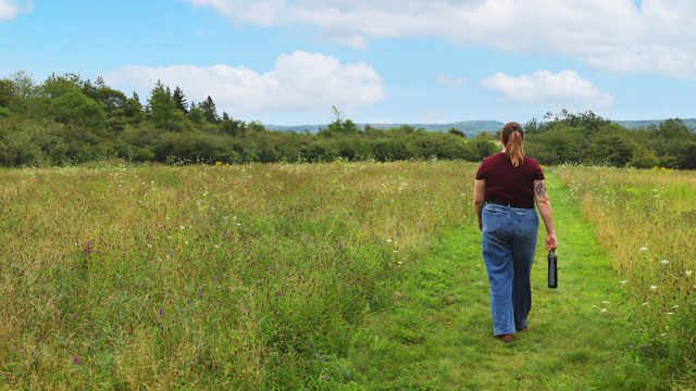 A visitor walks along a grassy path through a meadow.