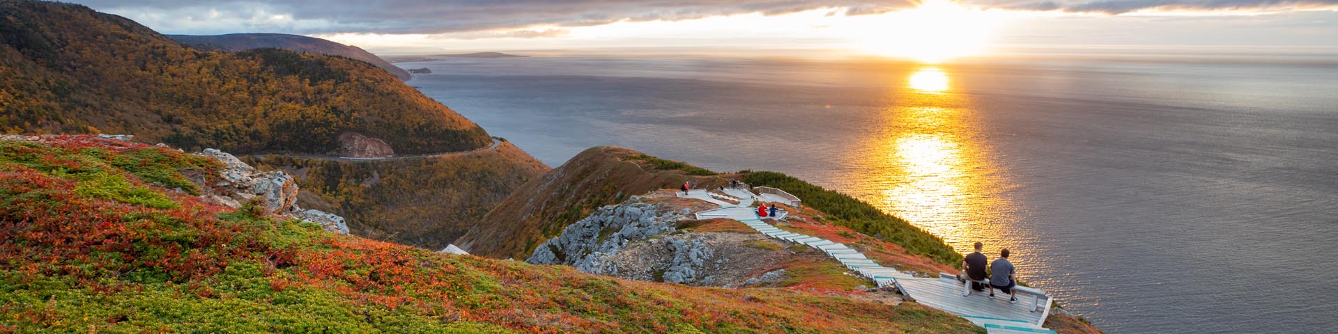 Visitors at the Skyline Trail lookouts at sunset, in Cape Breton Highlands National Park.