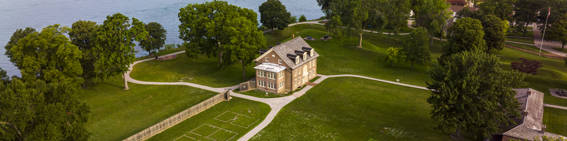 Aerial view of Fort Malden National Historic Site with the Detroit River in the background.