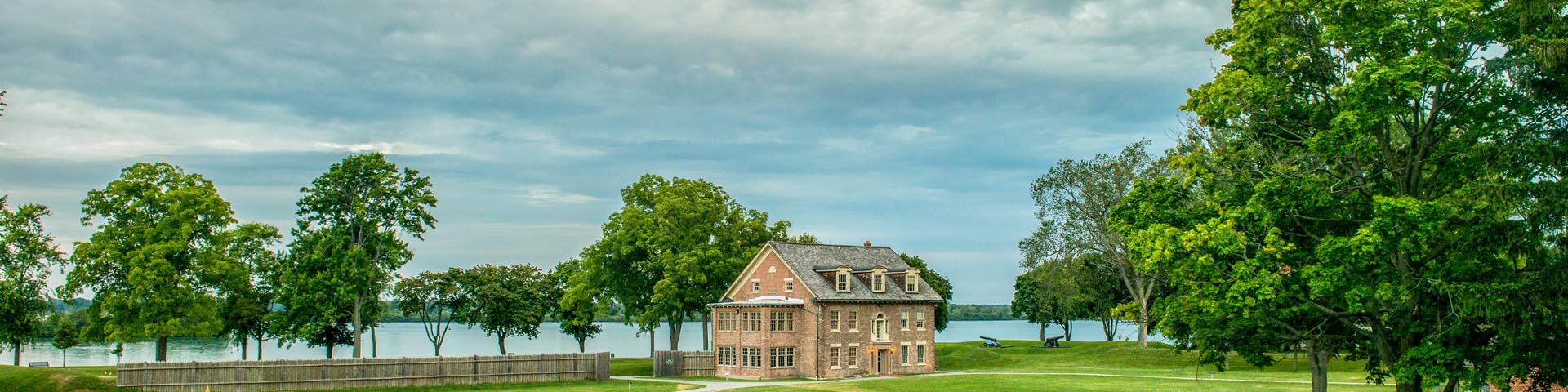 A view of the museum at Fort Malden with the Detroit River in the background.