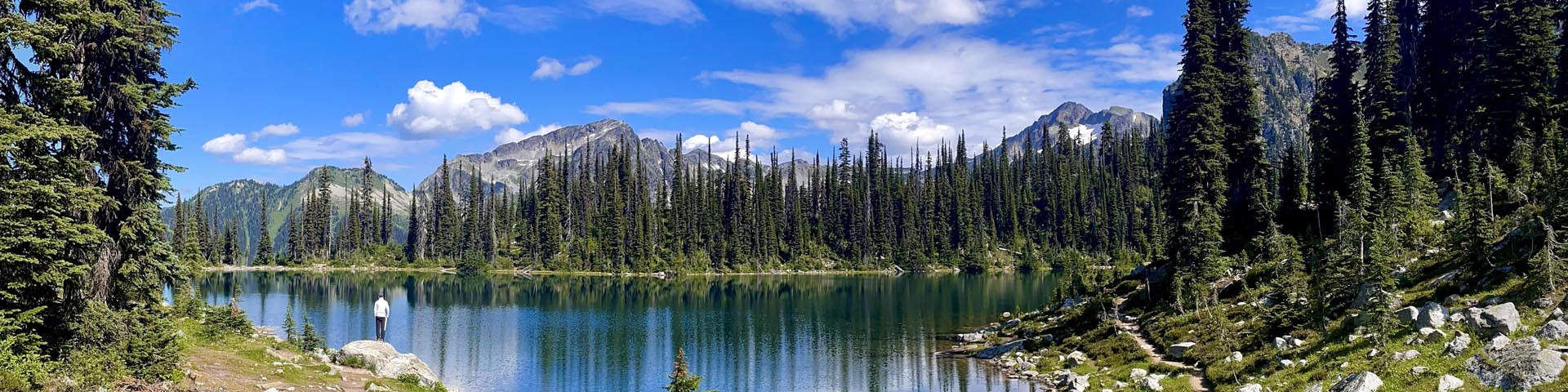  A mountain alpine lake with a rocky shoreline