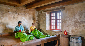 Deux personnes assises sur un lit dans la prison du Bastion du Roi à la forteresse de Louisbourg, avec une fenêtre et un mur de pierre.