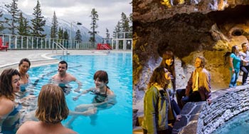 Half the image is 5 people swimming in a pool while talking and with a great view behind them and the other half is 5 people standing next to an underground pool in a cave talking